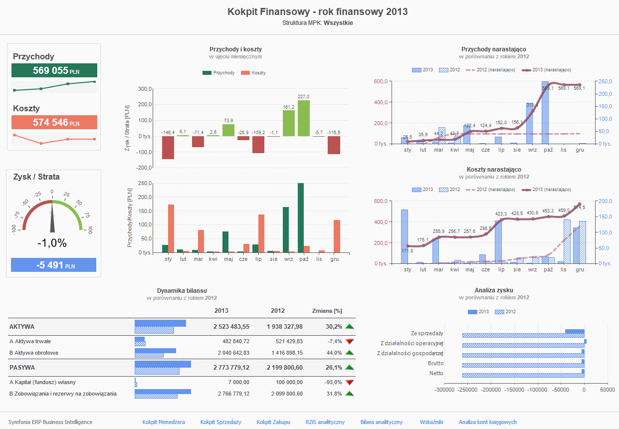 Przykład widoku „Kokpit Finansowy – rok finansowy [rok]”.