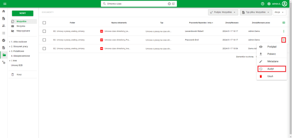 Dokumenty - przejście do panelu audytu