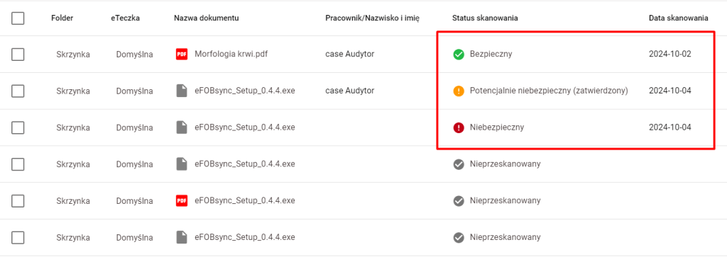 Status skanowania dokumentu