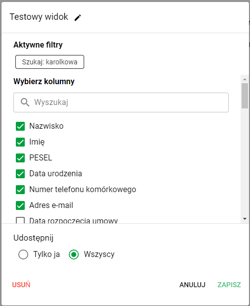 Formularz edycji widoku