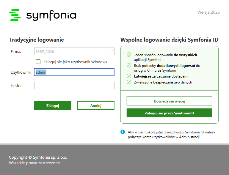 Logowanie do firmy - Symfonia ERP Handel - Symfonia Dokumentacja Online
