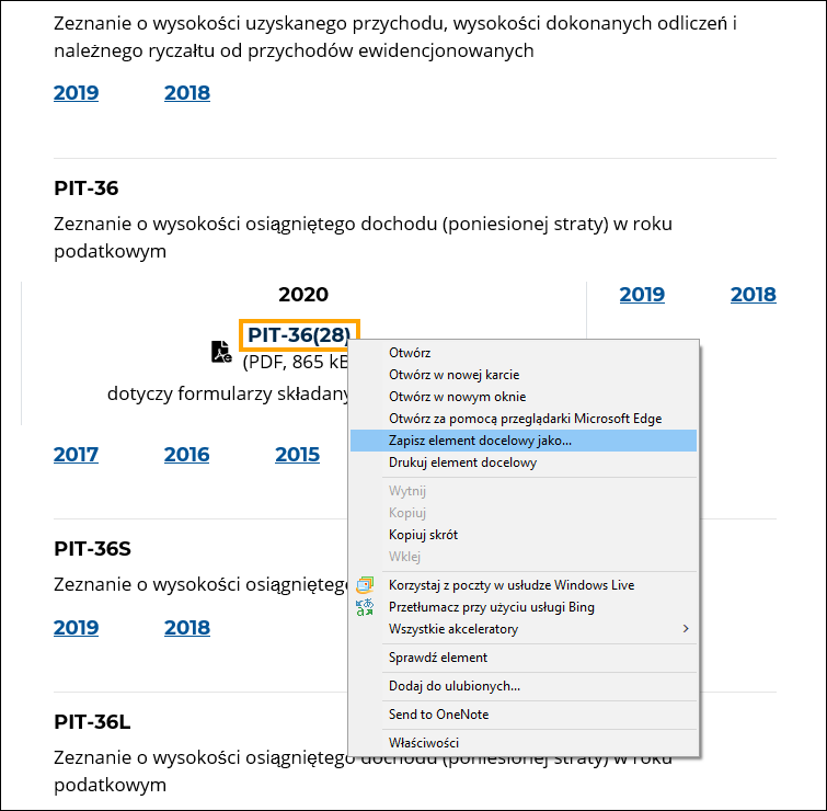 Widok listy formularzy interaktywnych dostępnych na stronie Ministerstwa Finansów – zapisywanie formularza deklaracji opcją Zapisz element docelowy jako.