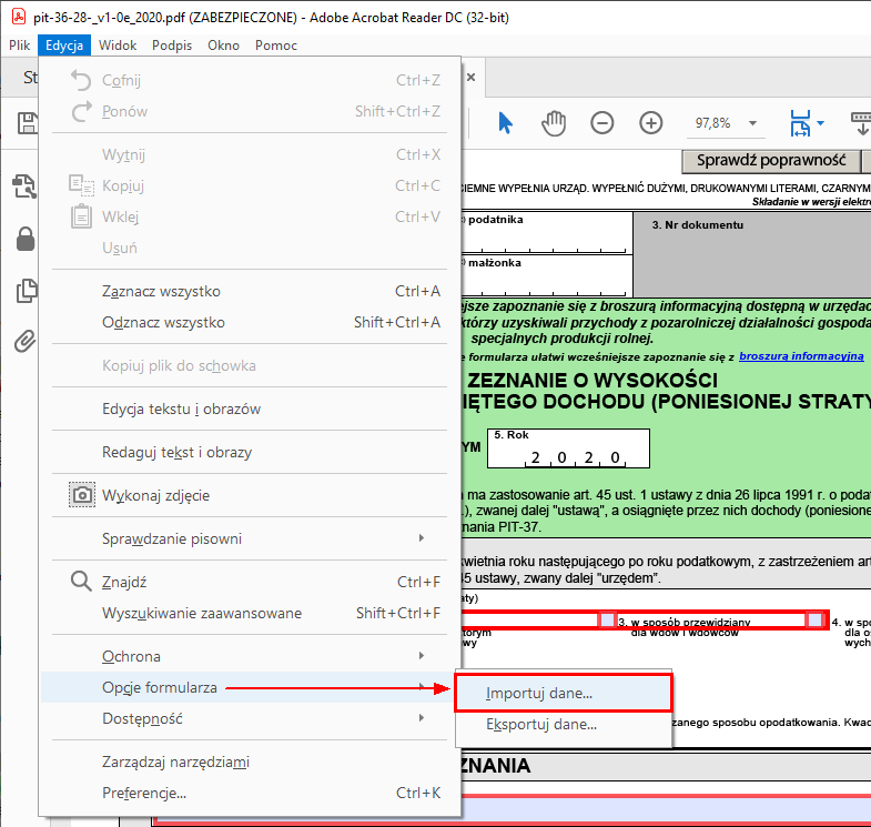 Formularz CIT-8 - importowanie danych e-deklaracji (plik XML) do formularza interaktywnego.