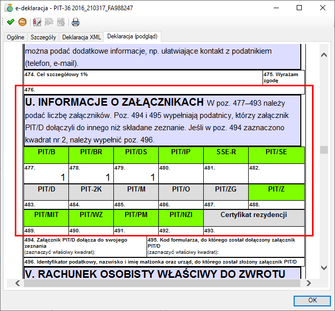 Formularze CIT-8 – deklaracja zapisana w programie Sage Symfonia e-Deklaracje. Zakładka Deklaracja (podgląd) z zaznaczoną sekcją Informacja o załącznikach.